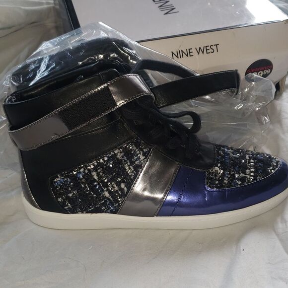 NEW NINE WEST high top fashion sneakers 9.5 ROKSTARD BLKCOM - Picture 1 of 4